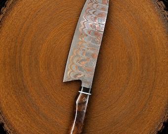 Handmade Copper Damascus Knife – Forged Pattern Steel Blade – Artisan Gift for Him