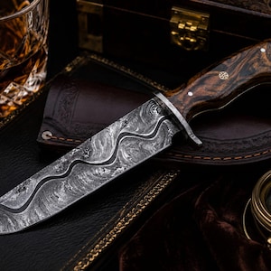 Handmade Snake Feather Pattern Damascus Custom Hunting Knife 1095 & 15N20 Steel Gift for Him