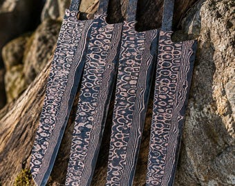 4Pcs Custom Copper Damascus Steel Knife Blank - Cu Mai Chef Knife Blade, K-Tip Gyuto Profile for Knifemaking - Unique Pattern, Gift for Him