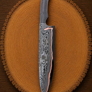 May include: A chef knife featuring a blade with a complex, layered Damascus steel pattern in shades of grey and black, accented by a distinct, smooth copper-coloured stripe running along the edge. The handle is made of a dark, textured grey metal.