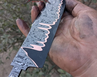 Custom Copper Damascus San Mai Blank Blade 1095 & 15N20 Handmade Knife Making Supply