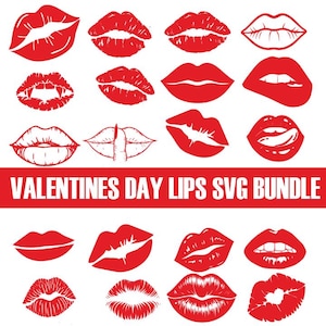 以下が含まれることがあります： 様々なスタイルの赤い唇のイラストのコレクション。開いた唇、閉じた唇、吸血鬼の牙など。テキスト「VALENTINES DAY LIPS SVG BUNDLE」は、赤色のバナーに白で表示されており、バレンタインデーに最適です。