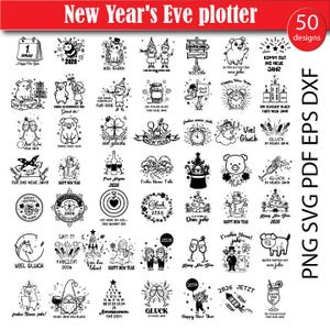 以下が含まれることがあります： 白黒の新年イブプロッターデザイン50点のコレクション。シャンパングラス、豚、時計、お祝いのテキストなど、さまざまなイラストが含まれています。形式：PNG、SVG、PDF、EPS、DXF。
