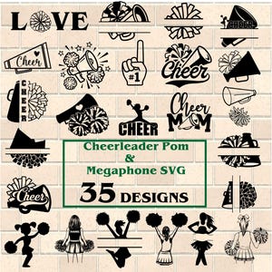 May include: A collection of 35 cheerleader and megaphone SVG designs in black. The designs include the word "LOVE", megaphones, pom-poms, cheerleaders, and the words "Cheer" and "Cheer Mom". The text "Cheerleader Pom & Megaphone SVG" is also included.