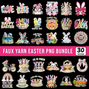 以下が含まれることがあります： イースターをテーマにした30個のPNGデザインのコレクション。ウサギ、卵、そして「Happy Easter」、「Amen」、「The Hunt is On」などのお祝いのテキストが特徴です。デザインは、フラワーアレンジメントから気まぐれなイラストまで、さまざまなスタイルが含まれています。