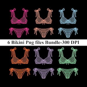 Könnte beinhalten: Sechs Bikini-Designs in verschiedenen Farben, darunter Rosa, Orange, Blau, Lila und Grün, mit Bindedetails. Der Text "6 Bikini Png files Bundle-300 DPI" ist auf schwarzem Hintergrund zu sehen.