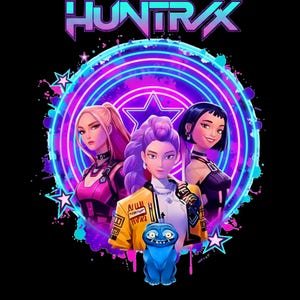 May include: A digital illustration featuring three women in futuristic attire, set against a neon-lit circular design with stars. The word "HUNTRAX" is at the top. A blue cartoon creature is in the foreground.