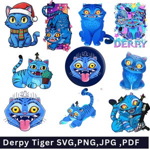 Puede incluir: Una colección de gatos azules de estilo caricatura con ojos amarillos y varios accesorios. Un gato lleva un gorro de Papá Noel y una bufanda. Otro tiene un gorro de fiesta y sostiene una planta. La imagen incluye el texto "Derpy Tiger SVG, PNG, JPG, PDF".