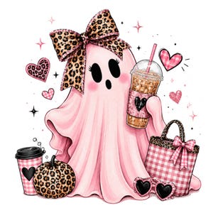 May include: A pink ghost illustration featuring a large leopard print bow, holding an iced coffee in a clear plastic cup. The scene includes a leopard print pumpkin, a pink gingham tote bag, heart-shaped sunglasses, and various pink hearts.