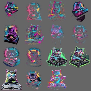 Pode incluir: Uma coleção de ilustrações coloridas com gatos como DJs. Cada gato é retratado com fones de ouvido ou óculos de sol, operando toca-discos e mixers. A obra de arte usa cores neon vibrantes e um estilo retro pop art, criando uma atmosfera divertida e enérgica.