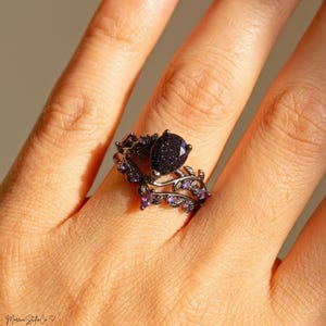 Gothic Blue Sandstone Ring Set, Galaxy Crystal Stackable Rings, Witchy Celestial Jewelry, Black Vine Nature Ring, Gift for Her