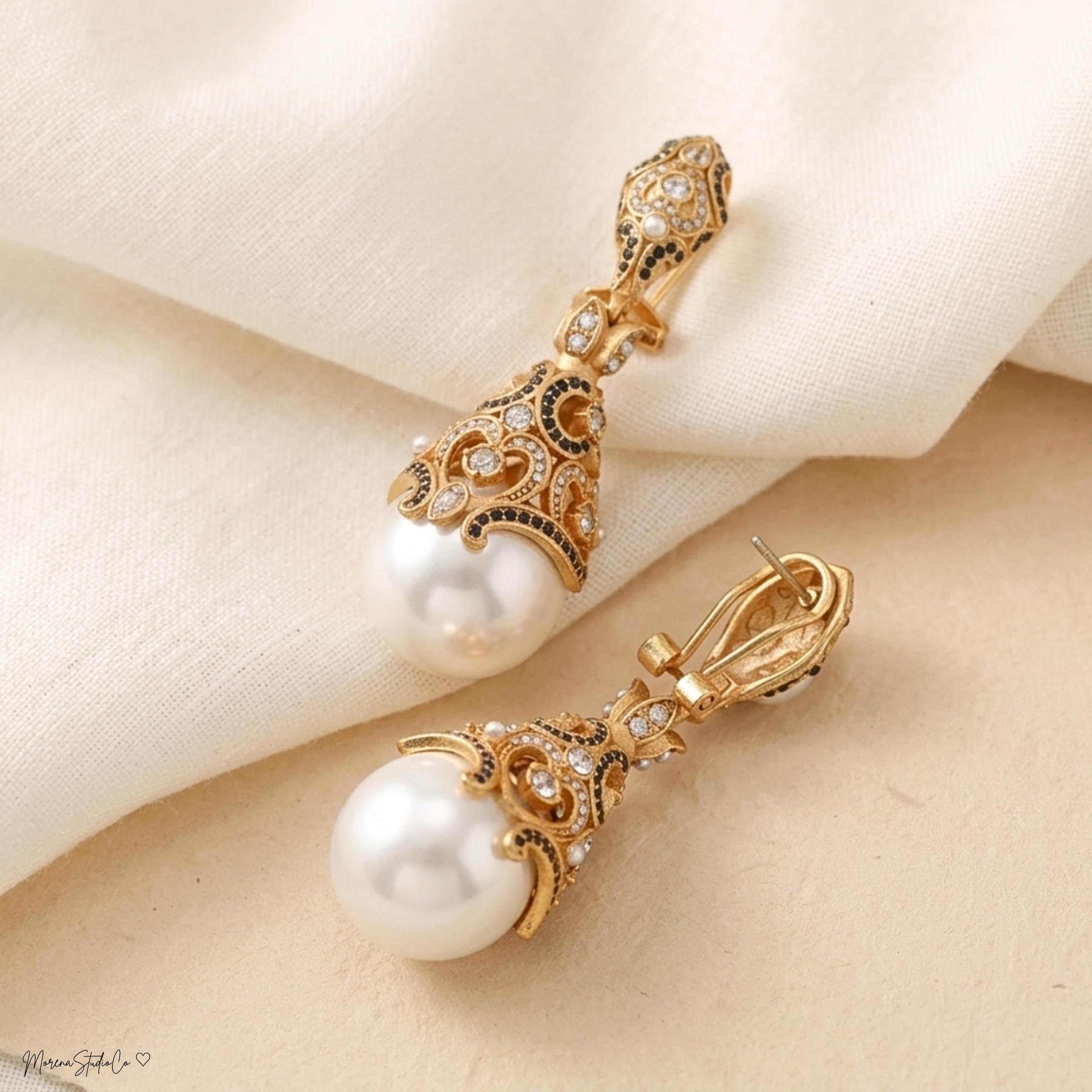 Vintage Pearl Drop Earrings, Antique Gold Victorian Earrings, Bridgerton Inspired Jewelry, Ornate Bridal Earrings, Gift for Her