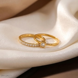 Stapelringset med guld CZ, Elegant ringduo, Vigselringar med kubisk zirkonia, Minimalistiska brudsmycken, Present till henne