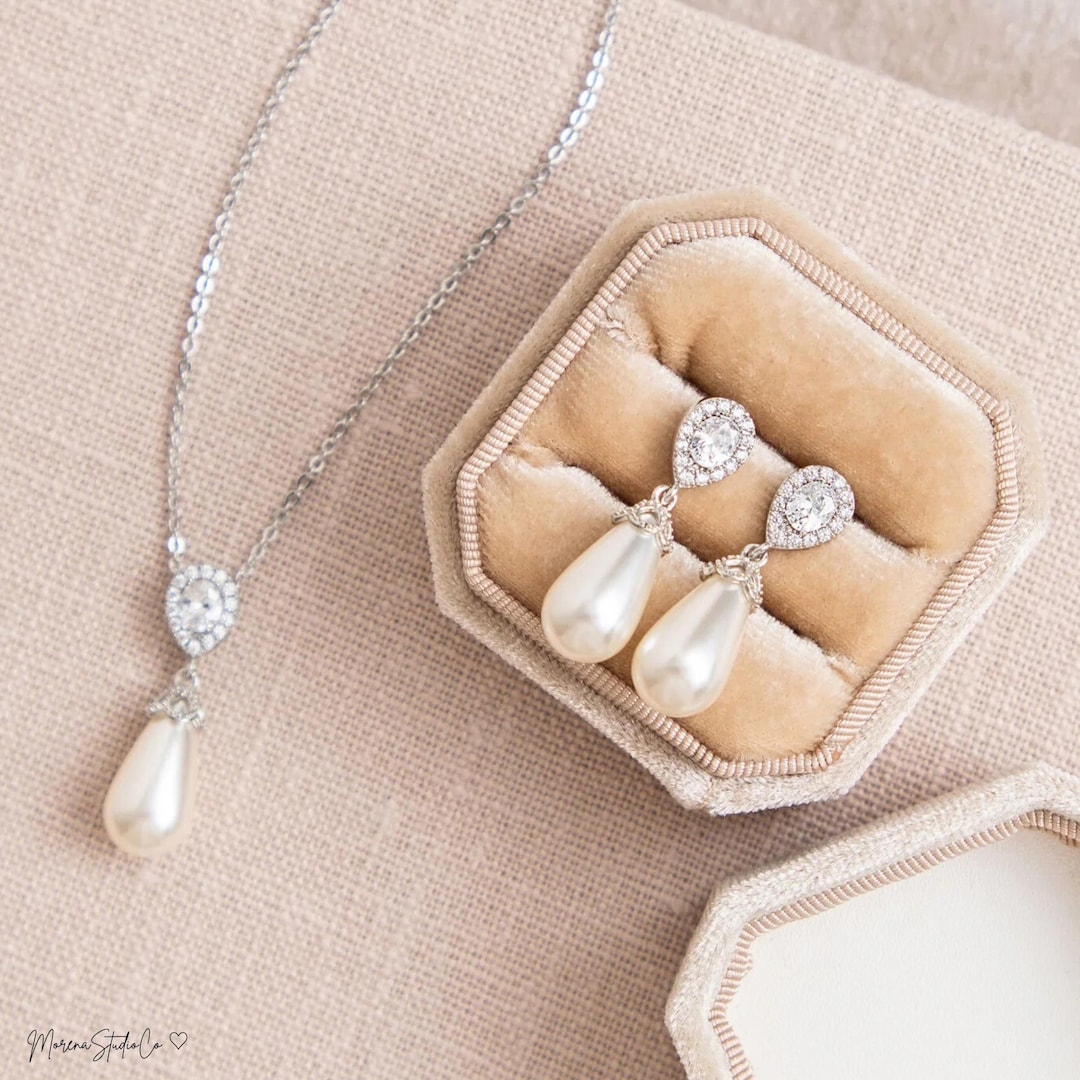 Pearl Drop Necklace and Earrings Set, Bridal Jewelry Set Silver, Cubic ...