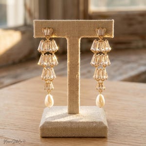 Pearl Drop Earrings, Bridal Crystal Dangle Earrings, Gold Silver CZ Baguette Earrings, Dainty Wedding Jewelry, Bridesmaid Gift