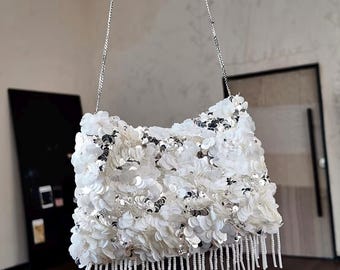 Bolso vintage con lentejuelas y estampado floral, mini bolso bandolera, bolso para teléfono con cierre magnético, monedero con borla y cuentas de hadas para fiestas y veladas, 4 tamaños.