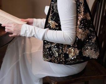 Geborduurde fluwelen hobo tas met bloemenmotief, geborduurd met gouden pailletten, avondschoudertas (2 maten)