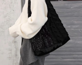 Patchwork pailletten satijnen hobo tas, ruime onderarmtas, glinsterende casual handtas
