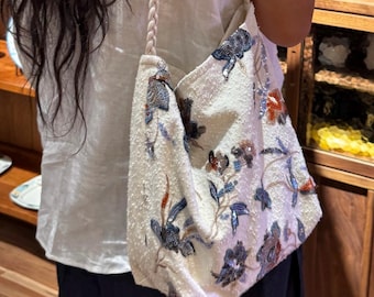 Bucket tas van denim met bloemenprint, kralen en pailletten, boho schoudertas/crossbodytas met borduurwerk