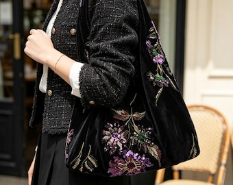 Zwarte fluwelen hobo tas met geborduurde pailletten, Chinese stijl bloemenmotief met kralen (groot/mini)