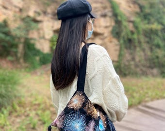 Handgemaakte crossbodytas met piramideborduurwerk vuurwerk | Boho-festivaltassel-portemonnee | Unieke handgestikte schoudertas