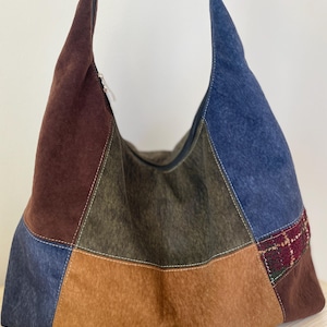 Pu&ograve; includere: Una borsa a tracolla patchwork con una variet&agrave; di colori, tra cui marrone, blu e beige. La borsa ha una consistenza morbida, simile alla pelle scamosciata e una chiusura con cerniera. Il cinturino della borsa &egrave; di colore grigio scuro.