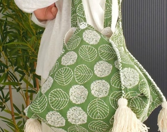 Handmade Embroidered Leaf Tote Bag with Tassels, Boho Shoulder Bag