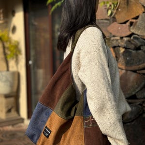 Pu&ograve; includere: Una borsa tote patchwork nei toni del marrone, blu e verde. La borsa presenta una variet&agrave; di trame e motivi, con una piccola etichetta sul davanti. La borsa viene portata a spalla.