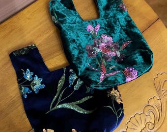 Borsa da polso vintage in velluto con paillettes e motivo floreale, borsetta retrò, borsa autunno/inverno, regalo per lei