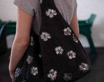 Silverfärgad blommig paljett denim hobo-väska, stor och ministorlek, avslappnad axelväska, vardagsväska, present till henne