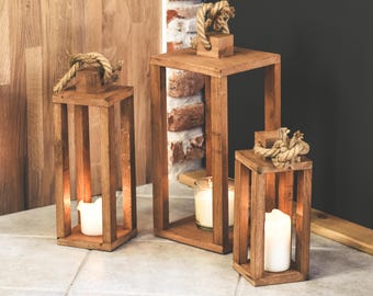 Rustieke eikenhouten kaarsenlantaarn | Handgemaakte houten theelichthouder | Decoratie voor binnen of buiten | Vintage bruilofts- en Halloweenversiering