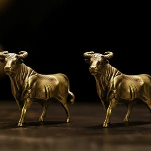 May include: Two bronze bull figurines. Each bull is standing with its head up and horns curved. The figurines have detailed features, including muscle definition and textured surfaces. The background is dark, highlighting the metallic sheen of the bulls.
