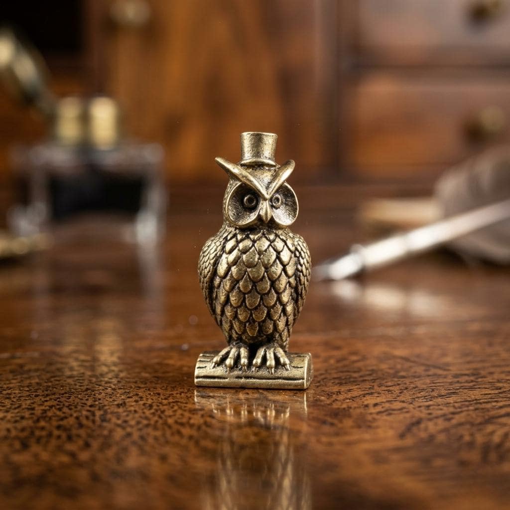 Retro Brass Owl Figurine with Top Hat - Whimsical Wise Bird Statue for Desk Decor - Unique Animal Sc