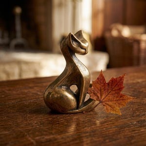 Small Brass Cat Statue - Mid Century Modern Office Desk Decor - Handmade Metal Cat Ornament - Vintage Style Brass Animal Craft