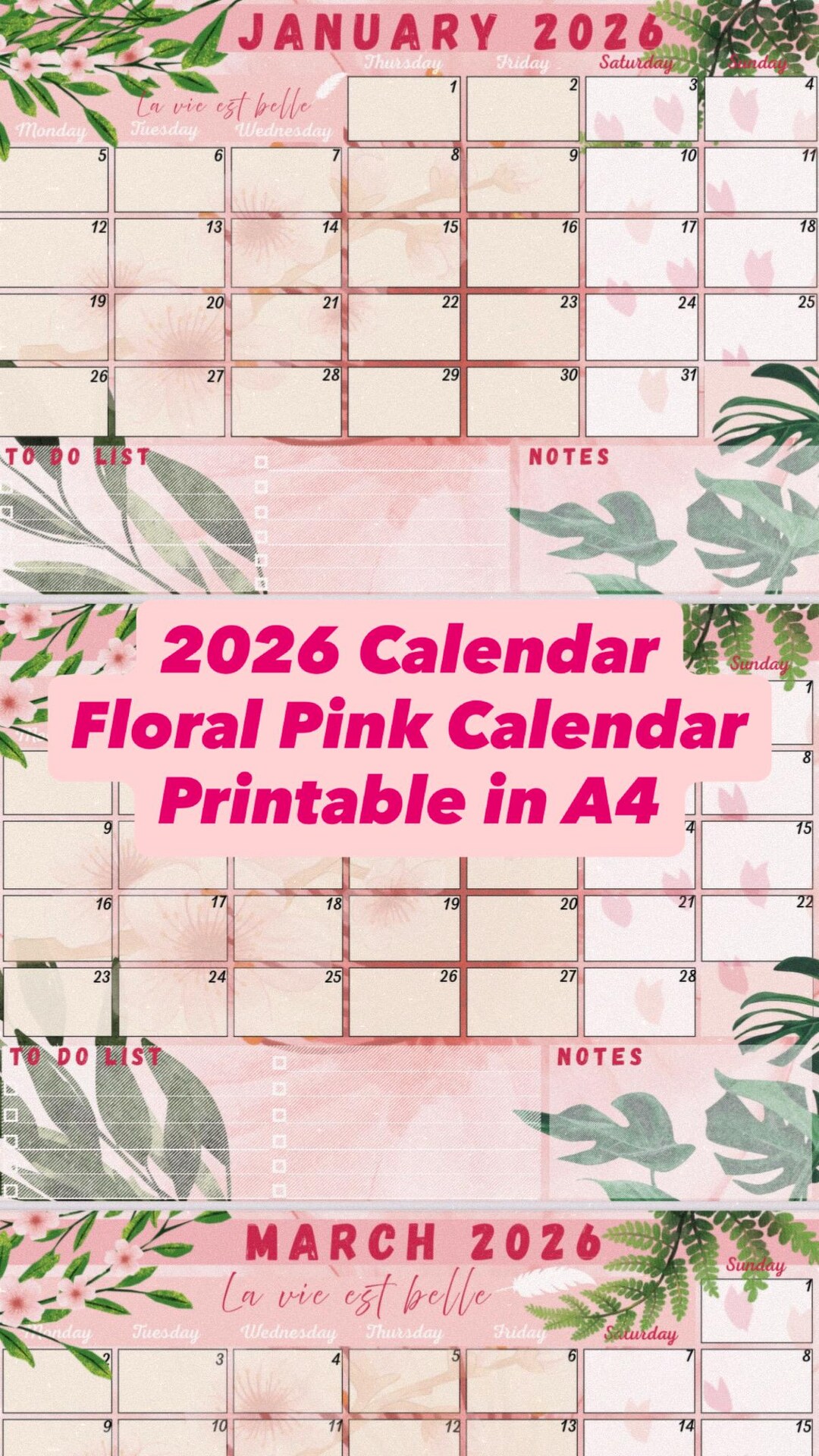 Floral Pink Calendar 2026 - Calendrier Rose Floral 2026 - Printable A4 ...