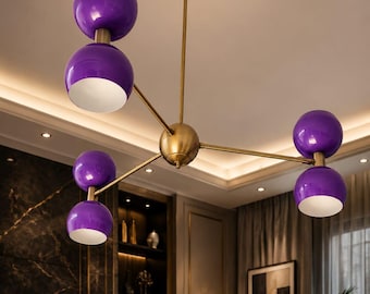 Purple Sputnik Chandelier | Brass Mid-Century Modern Pendant Light | Handcrafted Globe Fixture