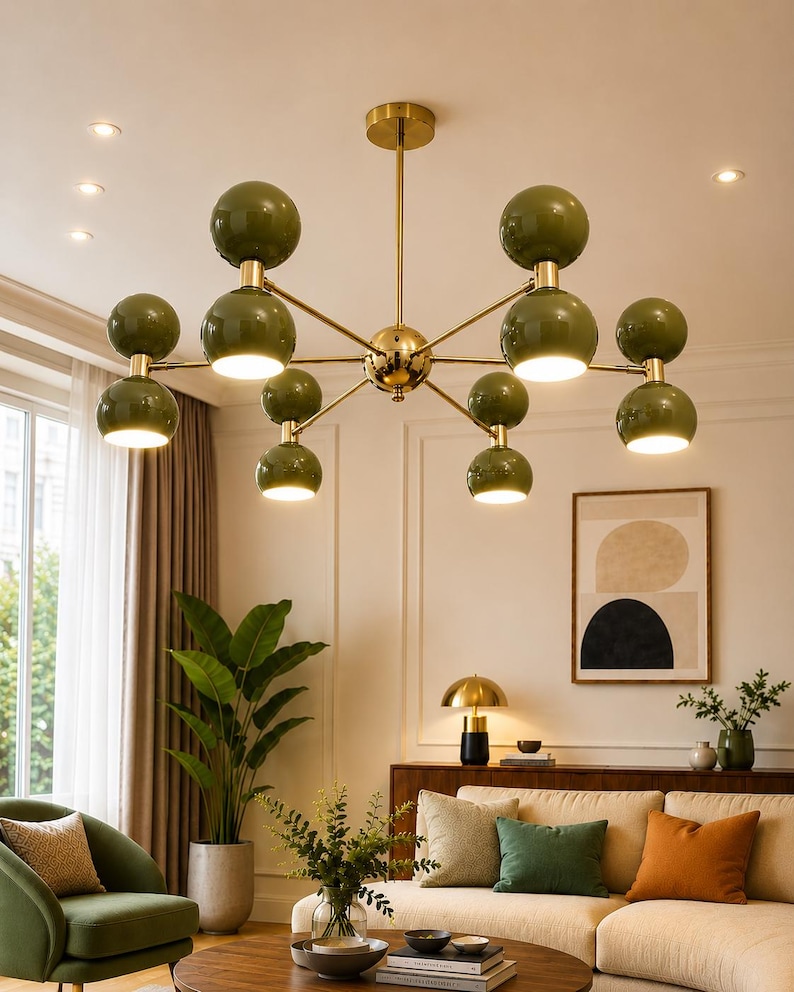 May include: A multi-arm chandelier featuring a central gold-toned metal frame with eight olive green spherical glass shades. Each arm extends from the center, supporting two stacked spheres, with the bottom spheres emitting a warm, bright light.