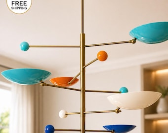 Handmade Elegant Mid Century Modern Mobile Chandelier Brass Multicolor Glass 5-Light Pendant