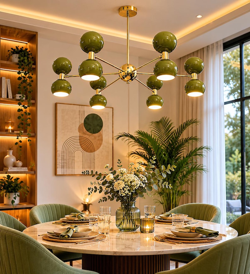 May include: A multi-arm chandelier featuring a central gold-toned metal rod with ten spherical olive green shades. Each arm extends outward, ending in a pair of stacked globes, with the bottom globes emitting a warm, downward-facing light.