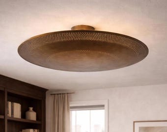 Large Metal Drum Ceiling Light, Perforated Modern Fixture, Ambient Lighting Decor