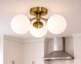 Brass Globe Semi Flush Mount Light, Mid Century Kitchen Fixture