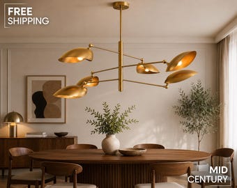 Mid Century Modern Brass Chandelier, 6-Light Sputnik Pendant, Large Starburst Ceiling Light