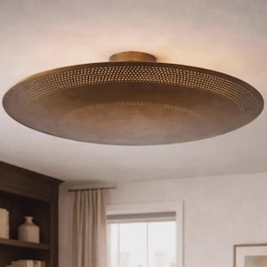 Mid Century Modern Sputnik Chandelier | 6 Light Raw Brass Perforated Dome Pendant | Contemporary Starburst Ceiling Light Fixture