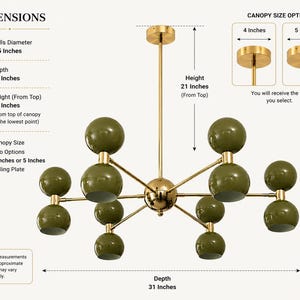 May include: A gold-toned chandelier with olive green spherical shades. The fixture has a 31-inch depth and a 21-inch height. It features 3.5-inch diameter balls and offers a choice of a 4-inch or 5-inch canopy size for the ceiling plate.
