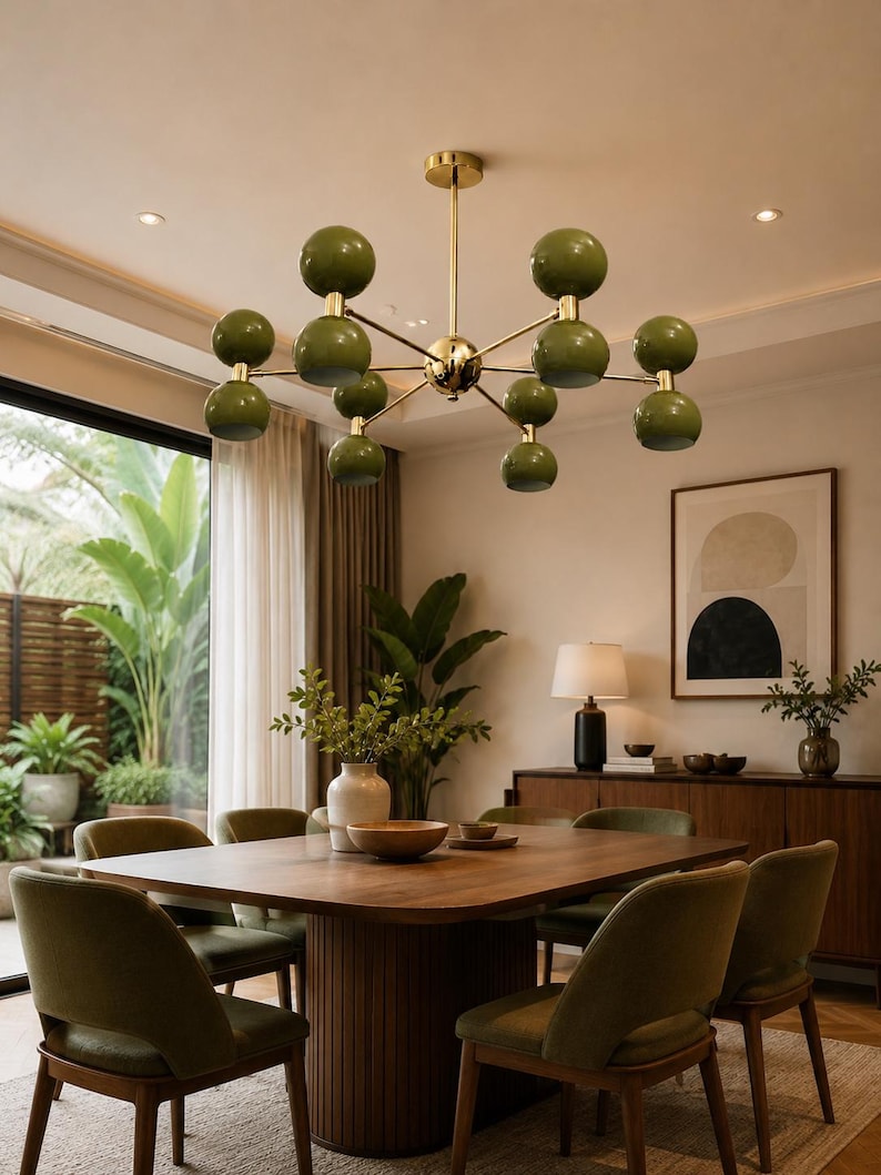 May include: A multi-arm chandelier featuring a central gold-toned metal rod and branching arms that support ten spherical olive green shades arranged in pairs. The fixture is suspended from the ceiling, providing overhead illumination to the room.
