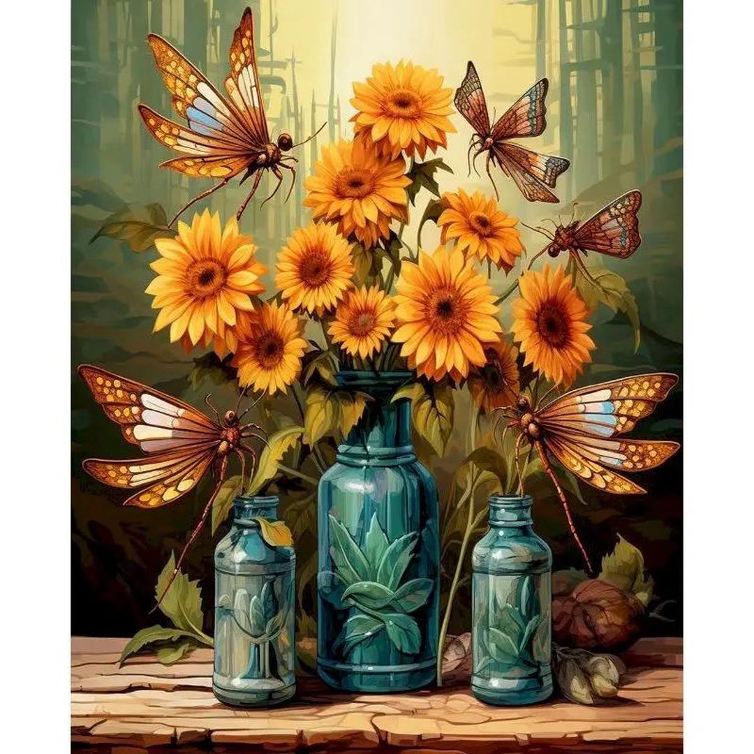 Sunflower Butterfly Paint by Number Kit | Floral Still Life Canvas Wall ...