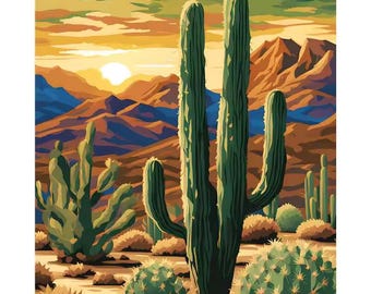 Kit di pittura con i numeri per cactus al tramonto nel deserto / Decorazione per la casa con paesaggio montano occidentale