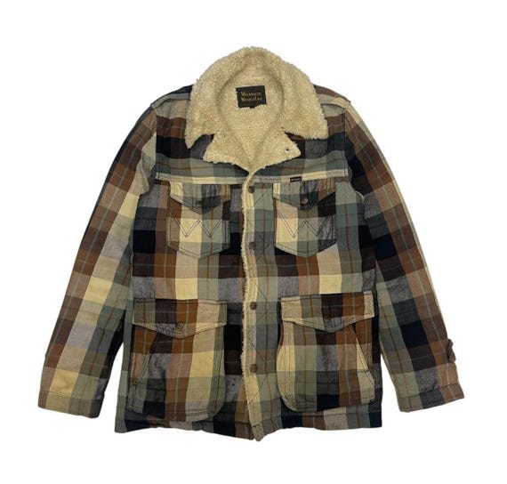 Vintage 70s Wrangler Wrange Coat Plaids Sherpa Lining Jacket Size 