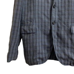 May include: A dark gray blazer with a plaid pattern. The blazer has two front pockets and two buttons. The fabric appears to be lightweight, suitable for warmer weather.