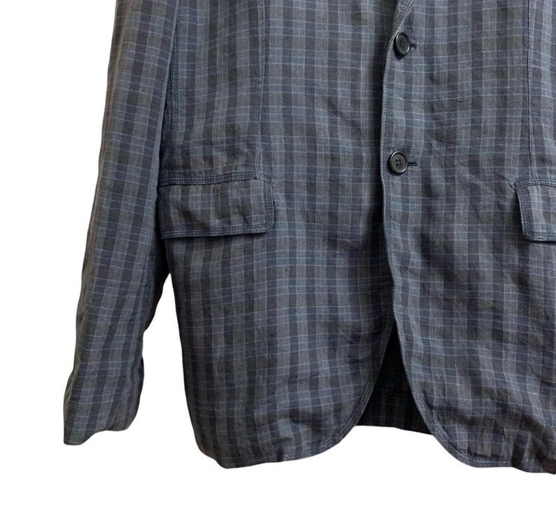 May include: A dark gray blazer with a plaid pattern. The blazer has two front pockets and two buttons. The fabric appears to be lightweight, suitable for warmer weather.
